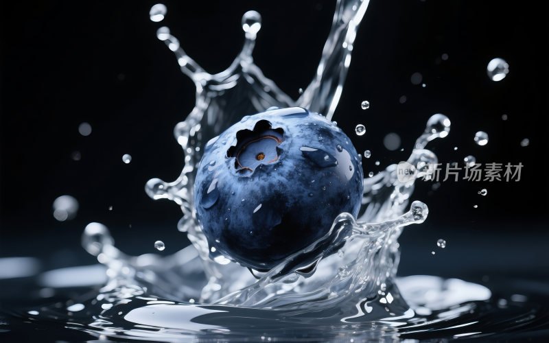 新鲜的蓝莓掉入水中