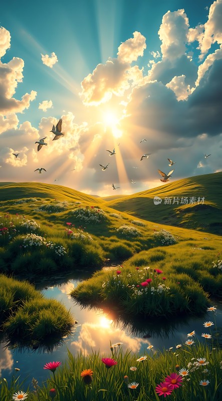 阳光下的草地与飞翔的鸟儿