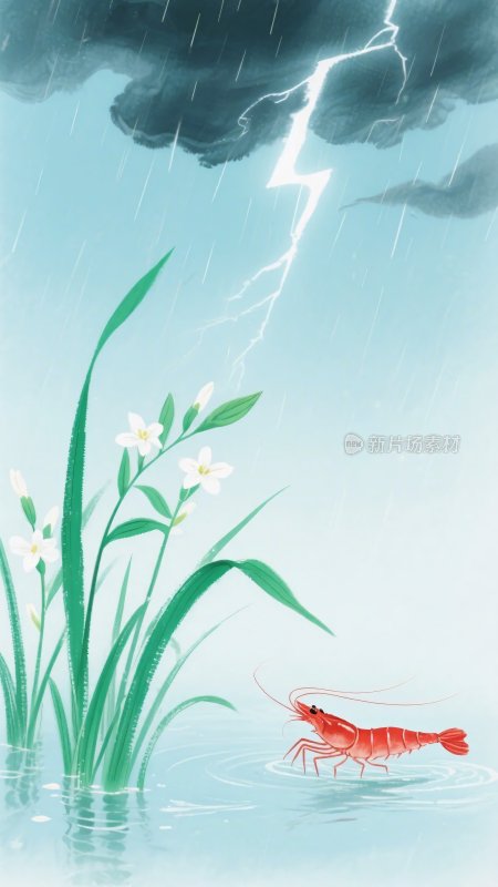 雨中水草旁的红色龙虾