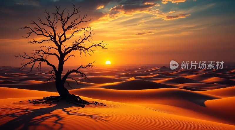 金色夕阳下的孤独树影沙漠中的希望之光
