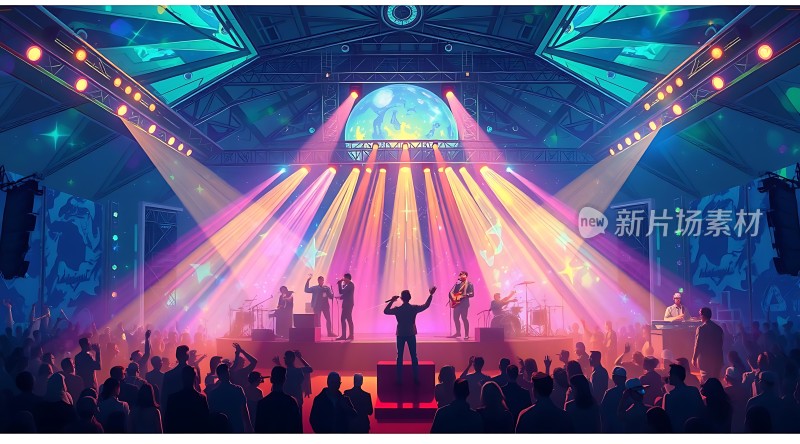 舞台灯光璀璨乐队演奏热情四溢观众沉浸于音乐盛宴之中