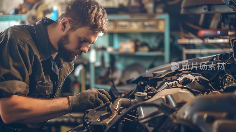 机械师专注检修汽车引擎