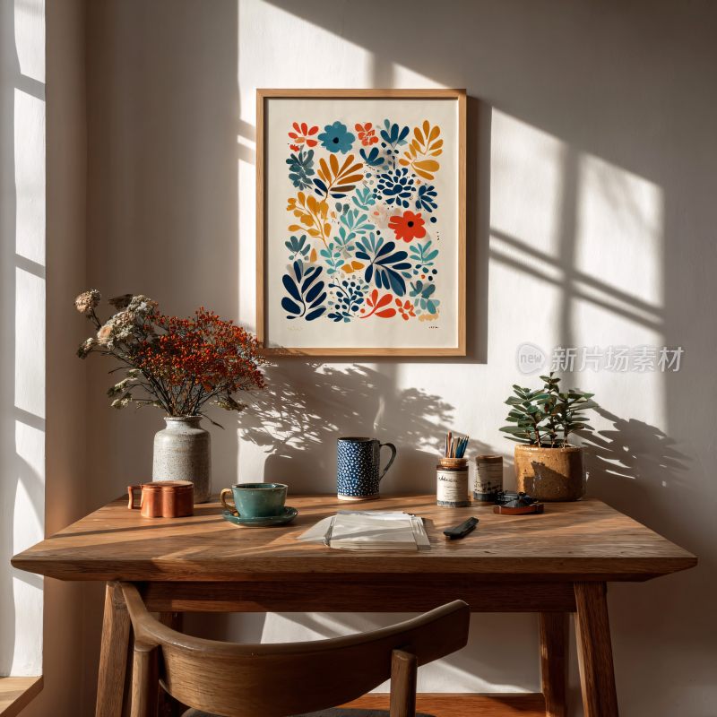 室内桌前装饰画与摆件场景