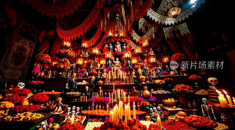 万圣节祭坛色彩斑斓的骷髅与蜡烛世界