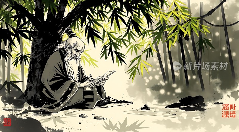 竹影下的智者沉思