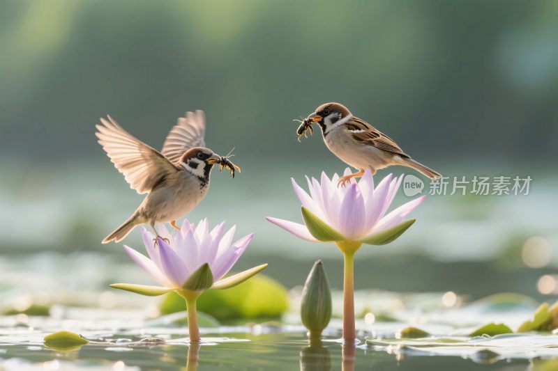 鸟类栖息荷花自然场景