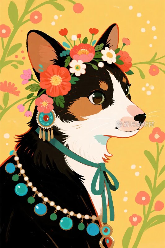 戴花环的柯基插画