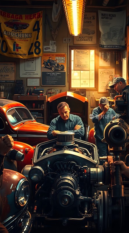 复古车库里的经典汽车维修场景