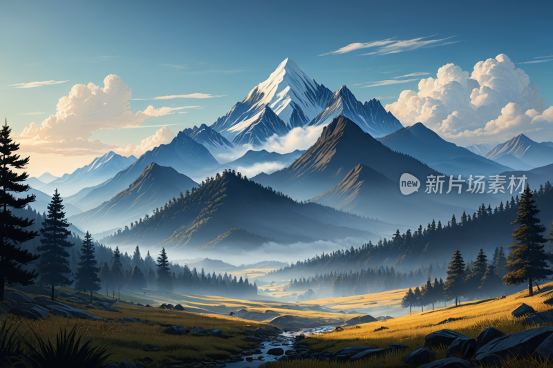 山上一条小溪流过还有几棵树风景插画图片