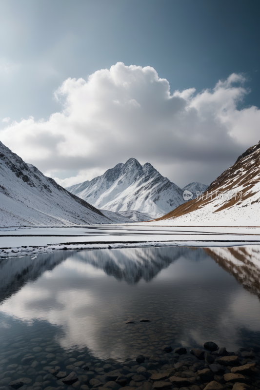 山倒映在雪景中部的湖泊中高清风景图片