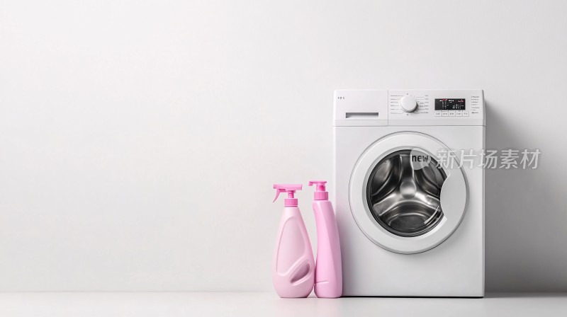 白色洗衣机旁的粉色清洁用品