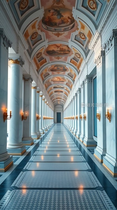 宏伟走廊柱廊与壁画交相辉映