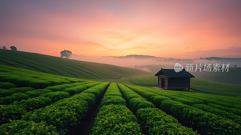 晨光下的茶园小屋