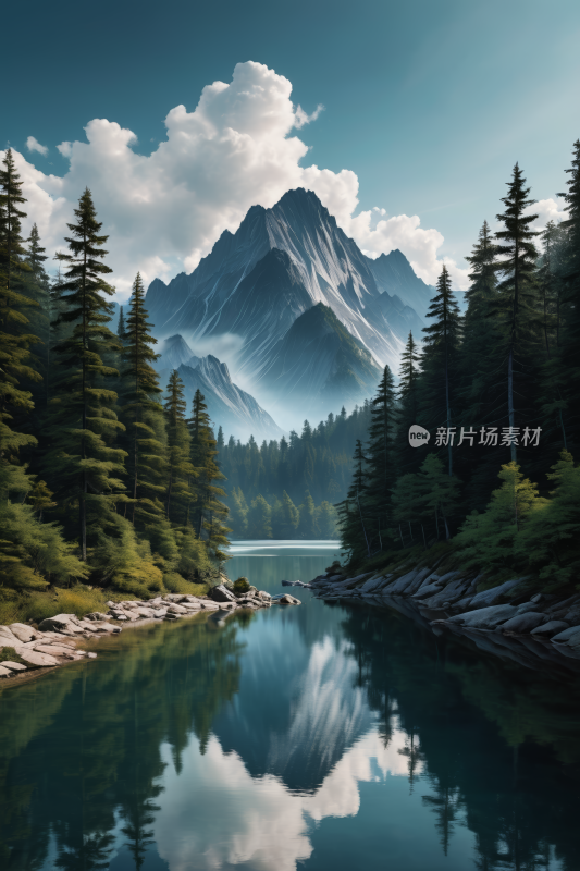 树林里山湖高清插图片