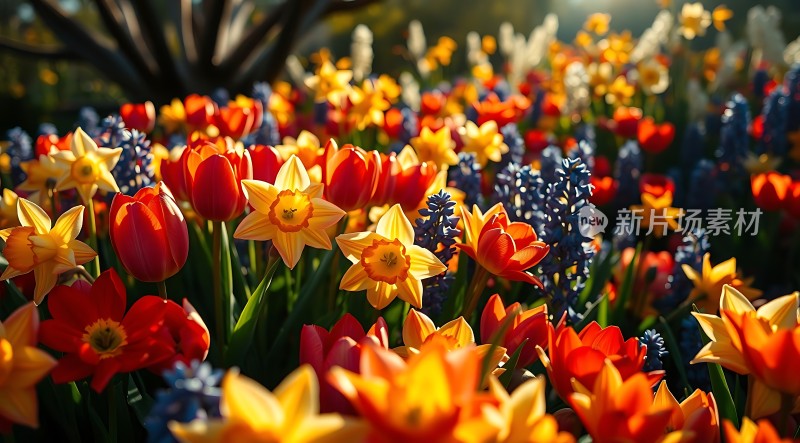 阳光下的多彩郁金香花海