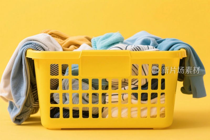 黄色洗衣篮与衣物