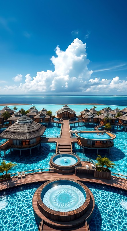 碧海蓝天下的水上木屋度假胜地