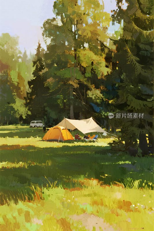 森林中露营场景插画