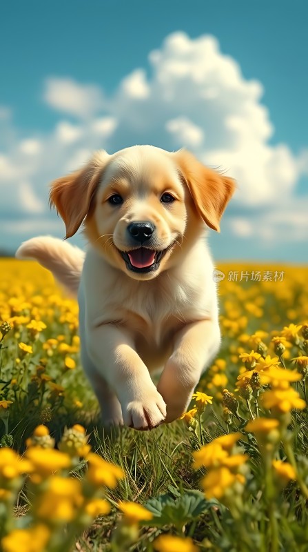 阳光下的快乐小狗在花丛中奔跑