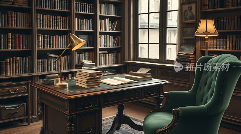 书房一角绿椅木桌书架