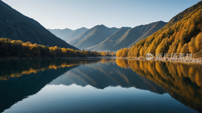 山倒映在树木环绕的湖水中风景图片