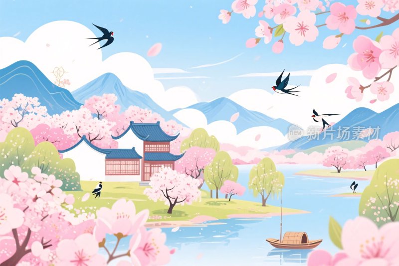 春日樱花山水插画