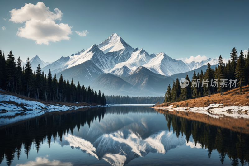 山倒映在湖中地上树木繁茂积雪纷飞风景插图