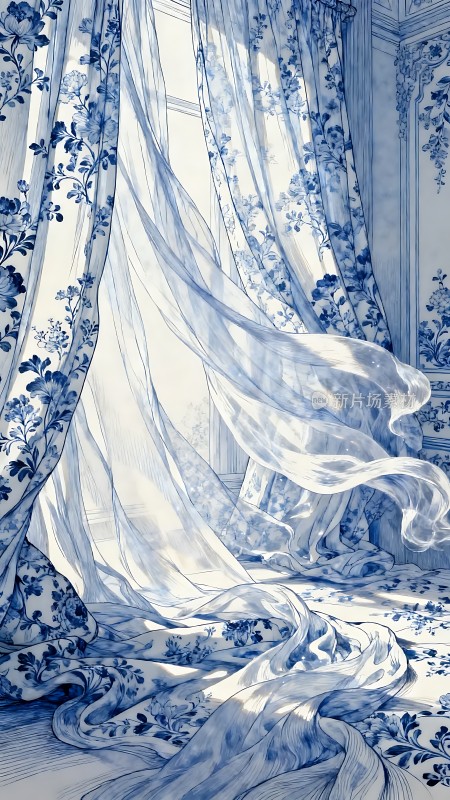 蓝白花卉窗帘飘动
