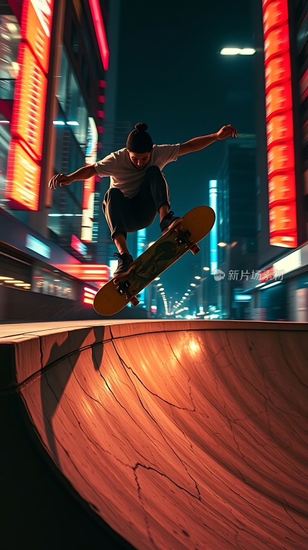 滑板少年飞跃夜色街头