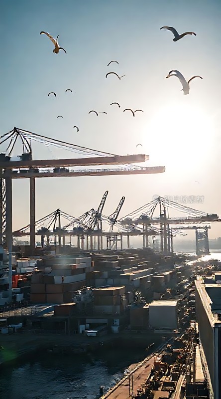 阳光下的港口与飞翔的海鸥