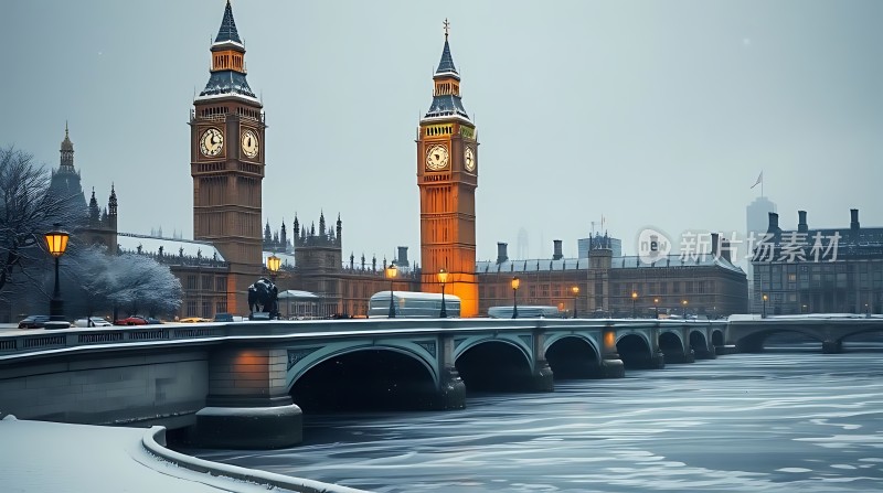 伦敦冬夜泰晤士河畔美景