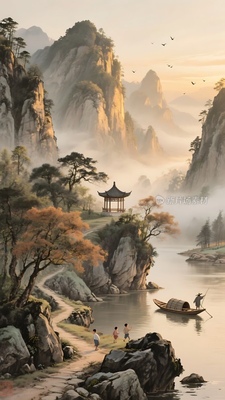 晨雾中的山水画卷