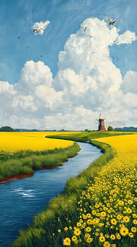 蓝天白云下的风车与花海
