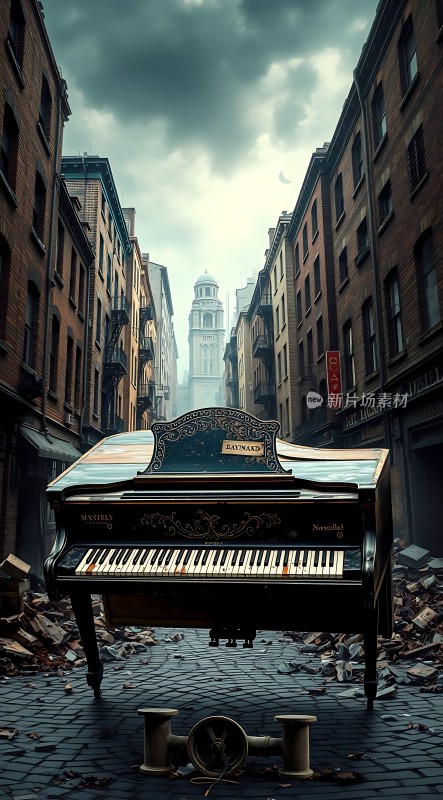 废弃街道上的钢琴