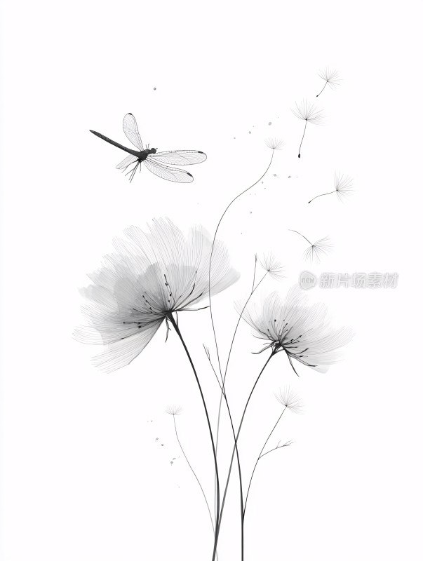 黑白花卉与蜻蜓插画