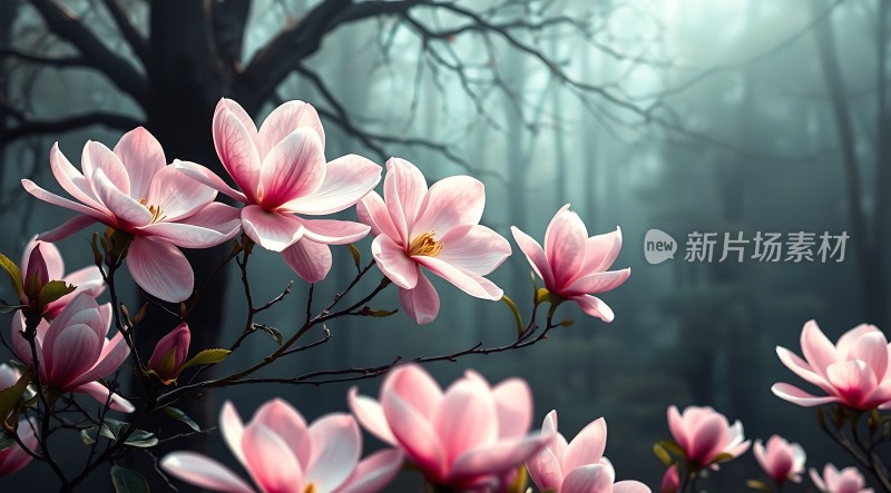 春意盎然粉红花朵绽放森林中