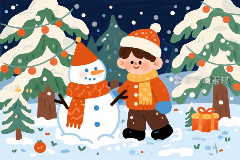 冬日雪地卡通雪人与小孩