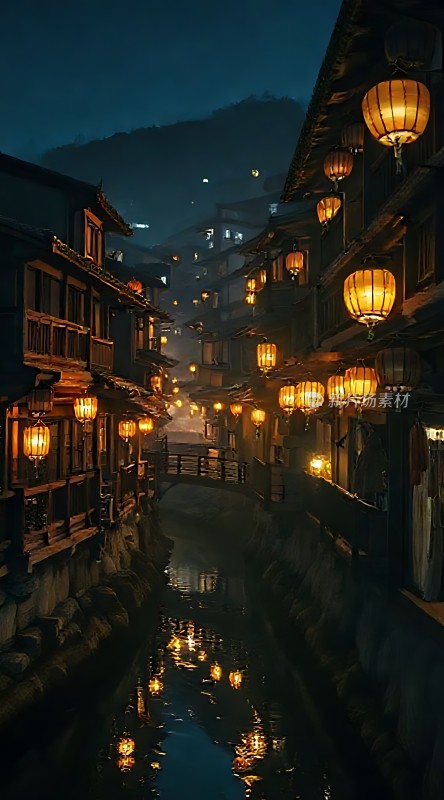古街夜色灯笼映水乡