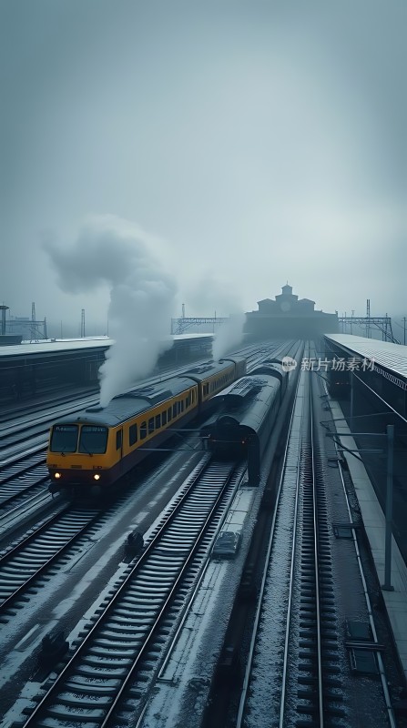 蒸汽火车驶入雾蒙蒙的站台