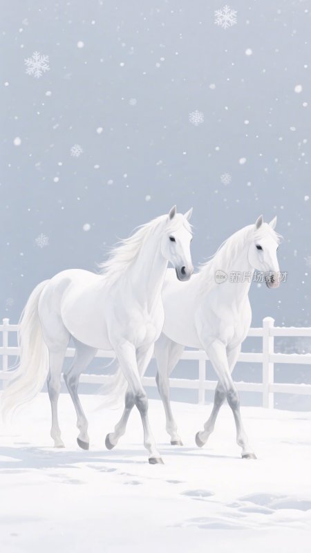雪地中两匹奔跑的白马