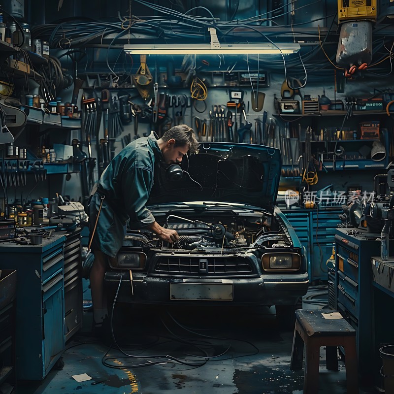 修车工人在昏暗的车间里专注地检查汽车引擎