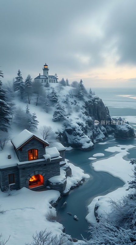 雪夜灯塔与温馨小屋