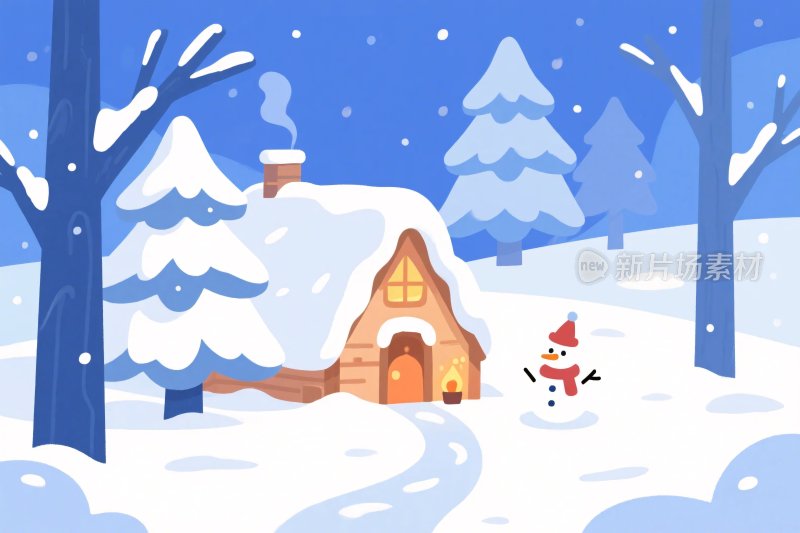 冬日雪景木屋雪人插画
