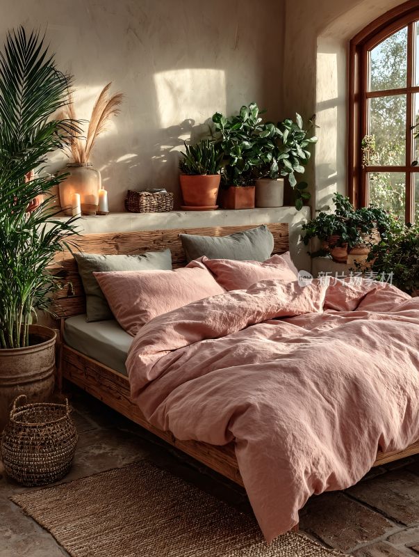 温馨卧室绿植环绕的床榻