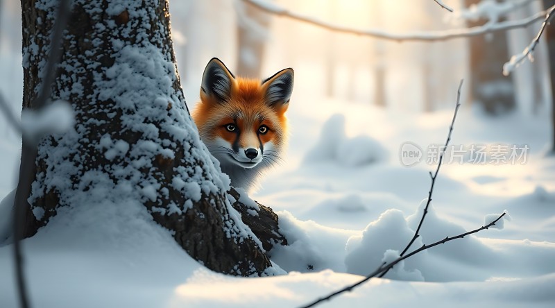雪地红狐探出头