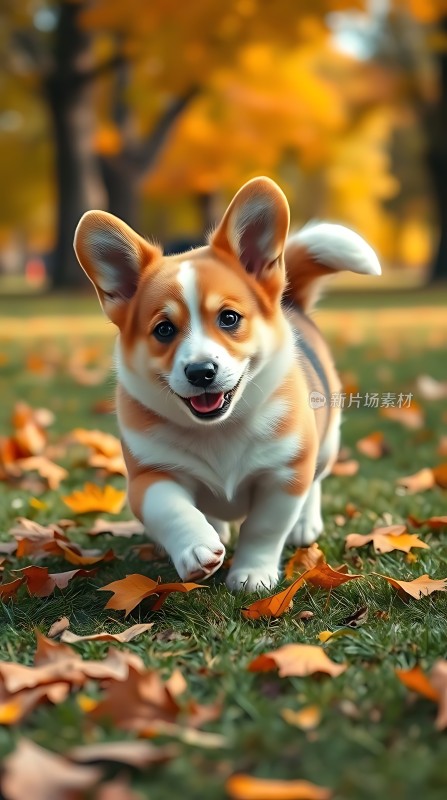 秋日草地上的快乐柯基犬