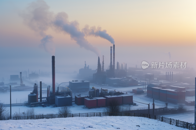 雪地里有栅栏的工厂冒出滚滚浓烟背景图片