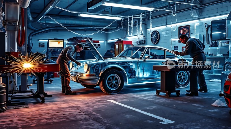 车间的夜晚修车场景