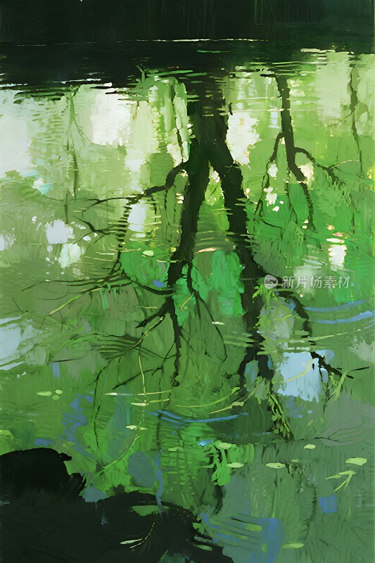 湖畔绿影映水波