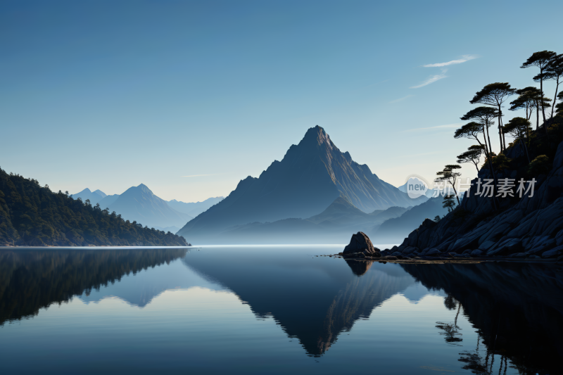 一大片水域一座高山清风景图片